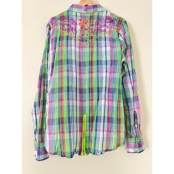 ROAR Embellished Bling Rodeo Cowgirl Western Stretch Shirt Green Purple XL - Picture 6 of 6